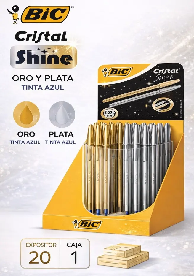 BOLÍGRAFO BIC CRISTAL ORO Y PLATA · TINTA AZUL EXPOSITOR 20 UDS