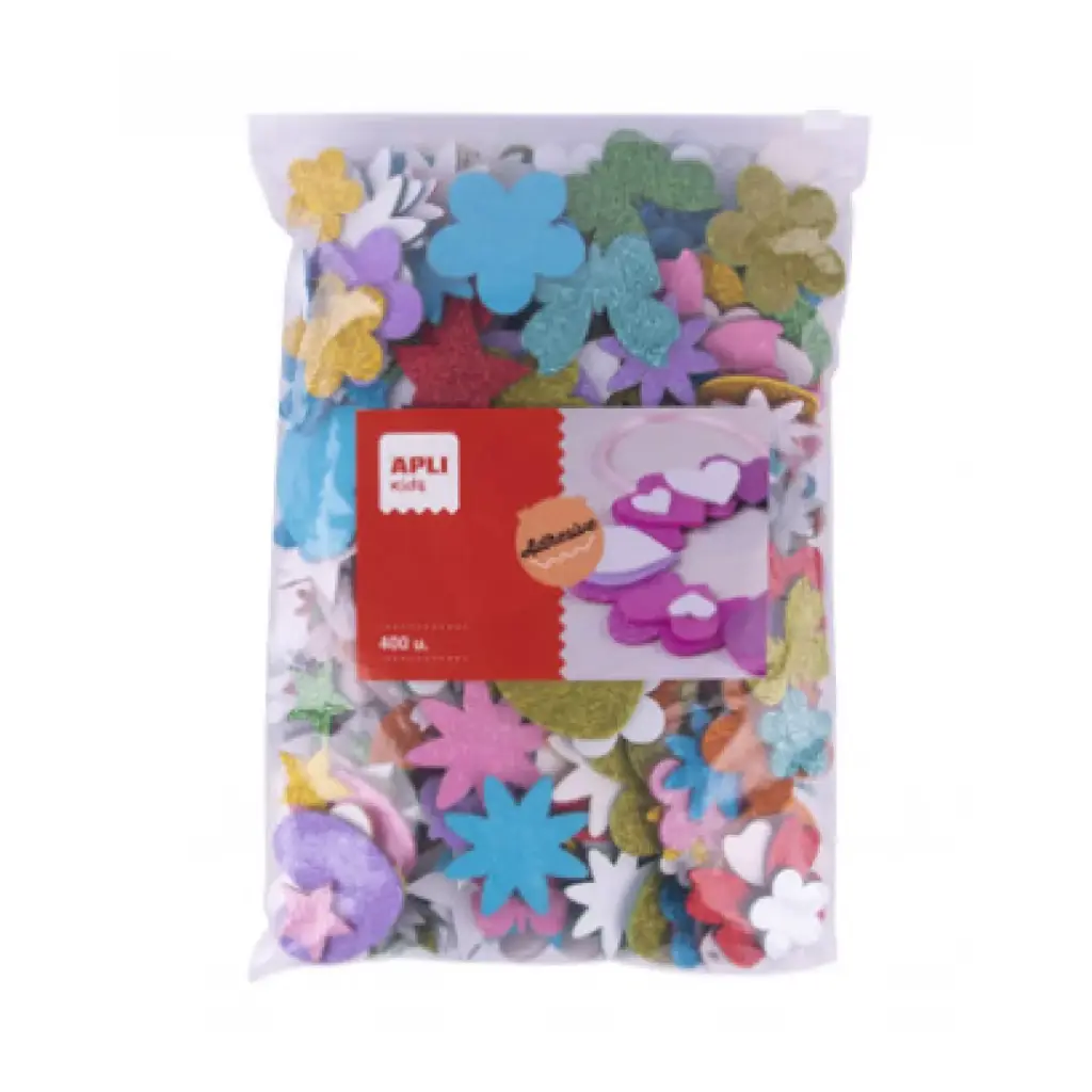 FORMAS GOMA EVA ADHESIVAS CON PURPURINA MAXI PACK 450UDS