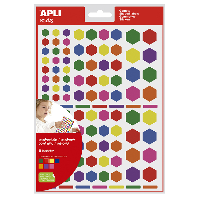 GOMETS APLI HEXAGONALES REMOVIBLES MULTICOLOR 6 HOJAS BOLSA