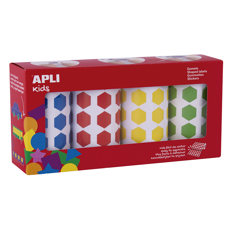 GOMETS APLI HEXÁGONOS 20 MM – AZUL, ROJO, AMARILLO Y VERDE 4 ROLLOS