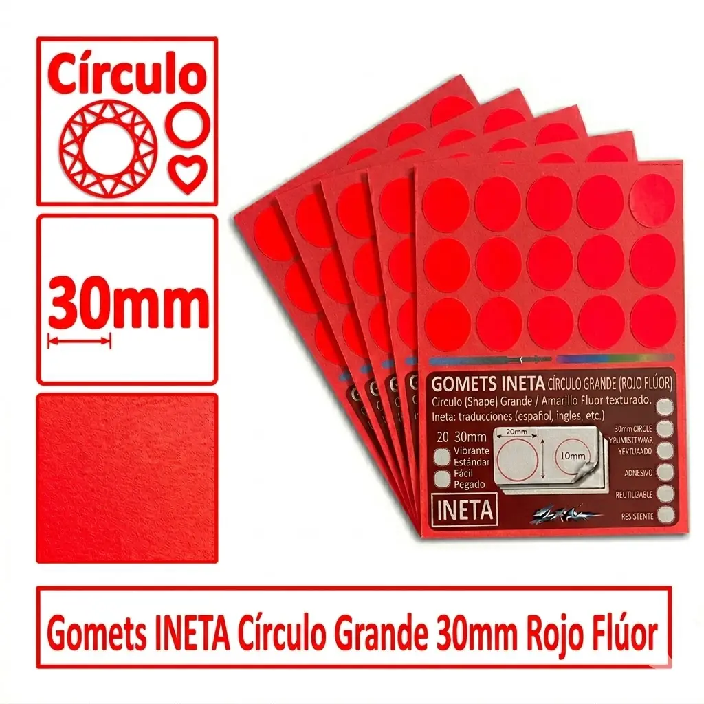 GOMETS INETA CÍRCULO GRANDE ROJO FLUOR ROLLO 1680 UDS