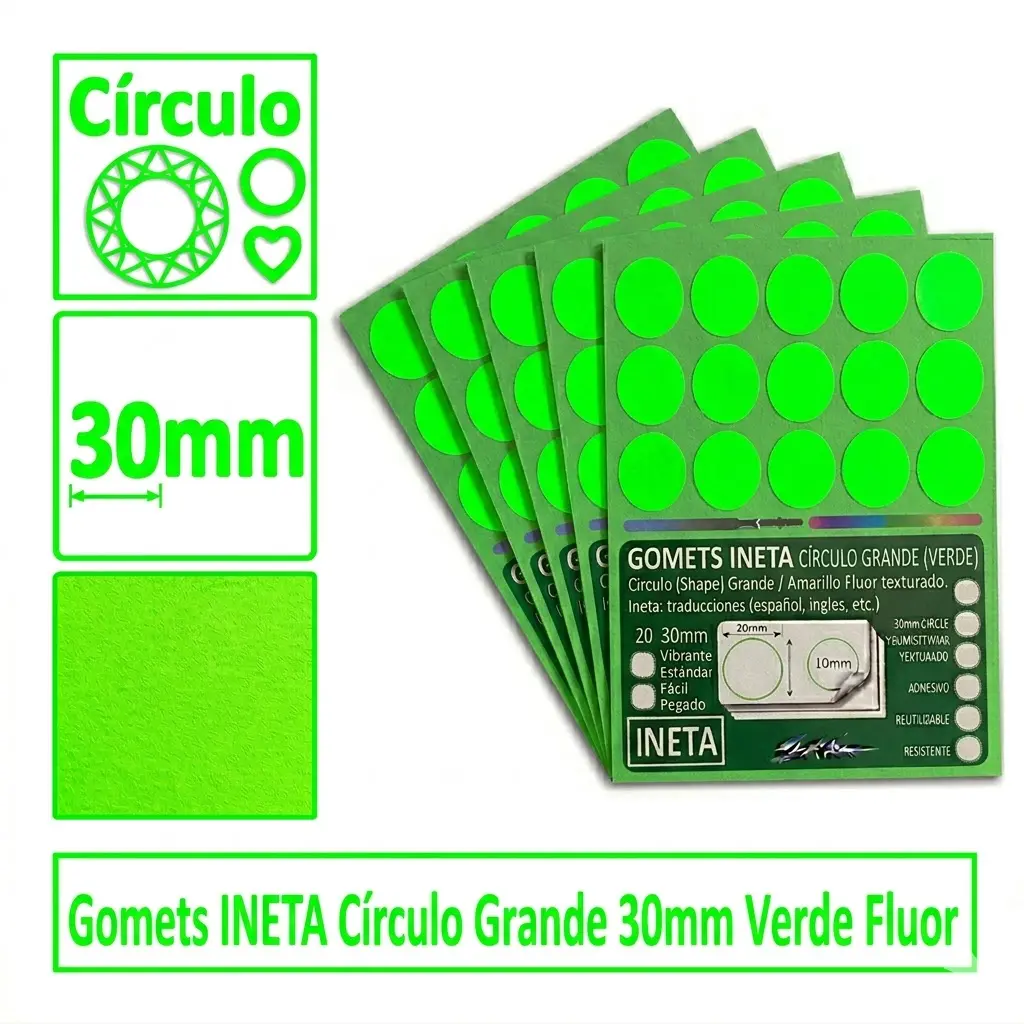 GOMETS INETA CÍRCULO GRANDE VERDE FLUOR ROLLO 1680 UDS