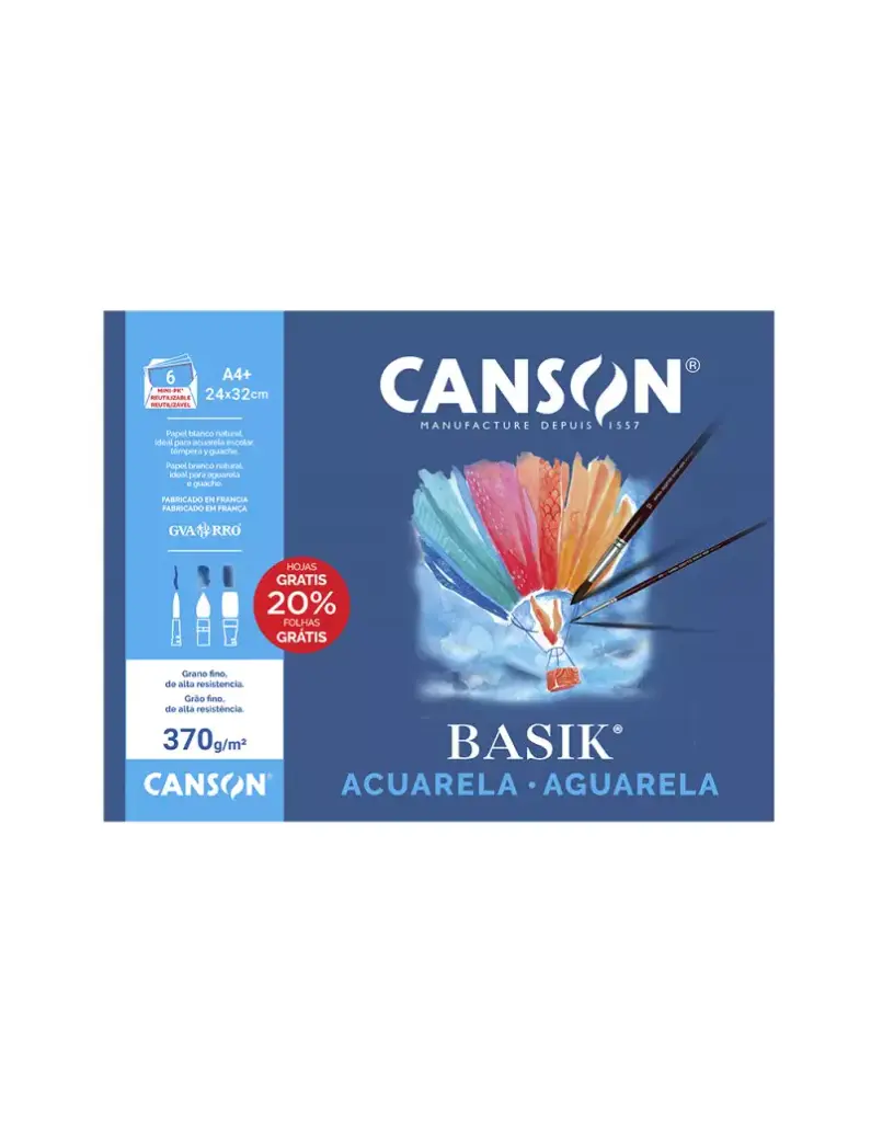 MINI PACK PAPEL ACUARELA BASIK CANSON DIN A4+ 370g PACK 6 HOJAS