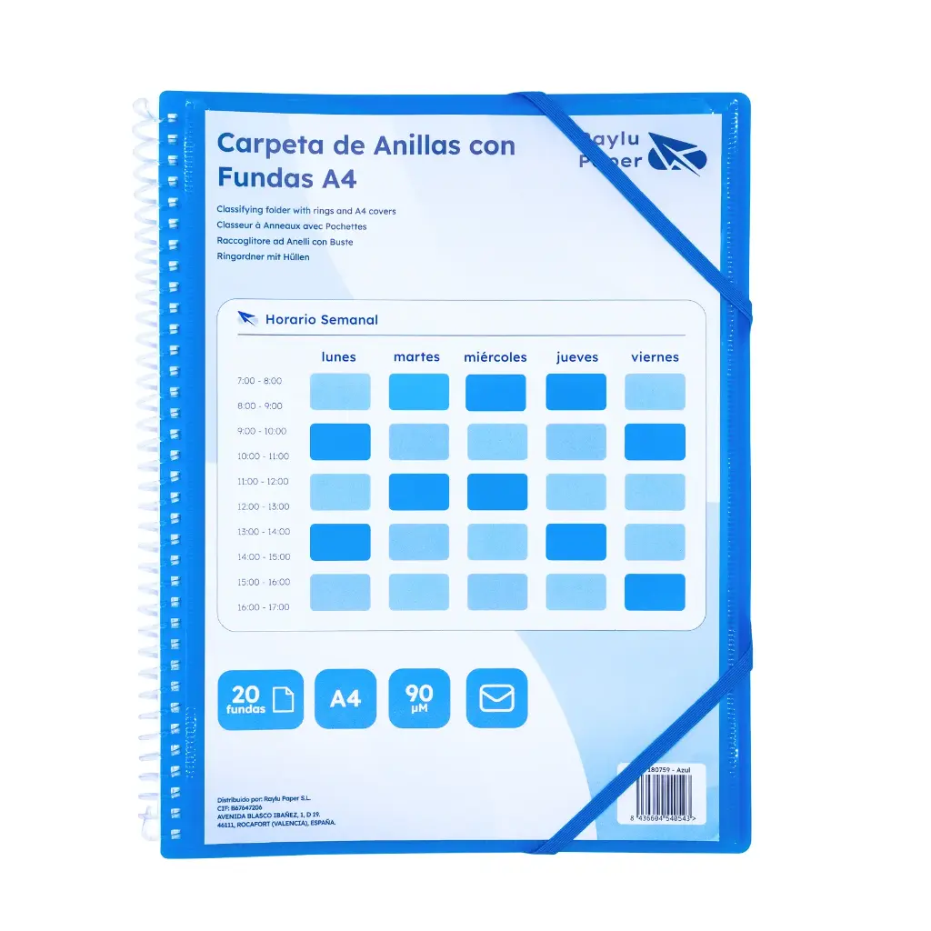 CARPETA PP RAYLU PAPER ESPIRAL 20 FUNDAS A4 AZUL PORTADA PERSONALIZABLE