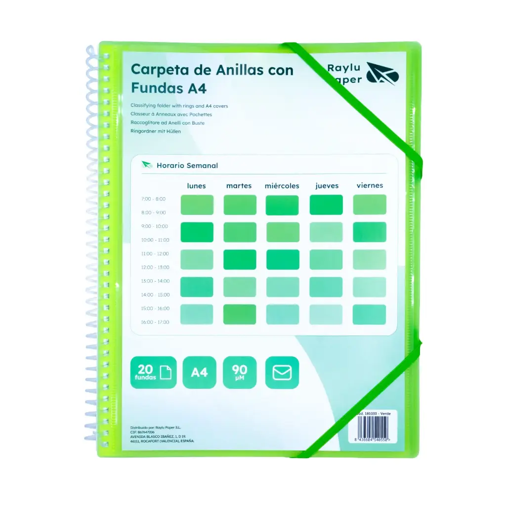 CARPETA PP RAYLU PAPER ESPIRAL 20 FUNDAS A4 VERDE PORTADA PERSONALIZABLE