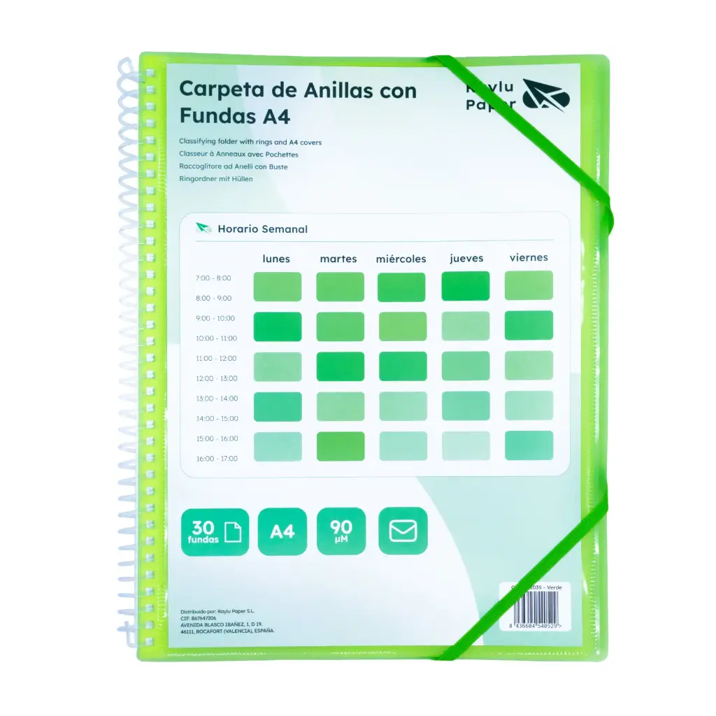 CARPETA PP RAYLU PAPER ESPIRAL 30 FUNDAS A4 VERDE PORTADA PERSONALIZABLE