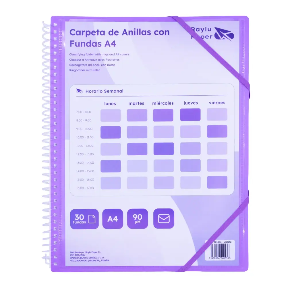 CARPETA PP RAYLU PAPER ESPIRAL 30 FUNDAS A4 VIOLETA PORTADA PERSONALIZABLE