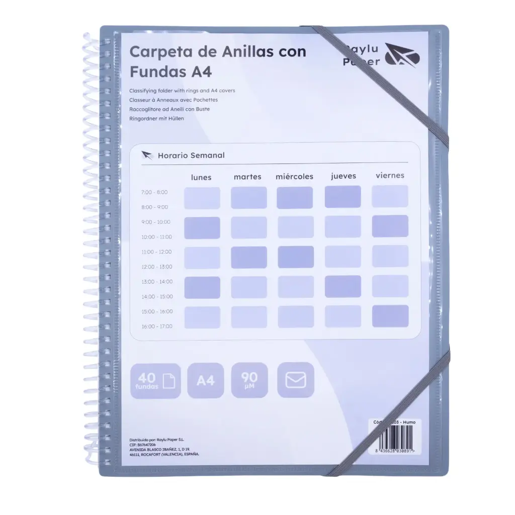CARPETA PP RAYLU PAPER ESPIRAL 40 FUNDAS A4 HUMO PORTADA PERSONALIZABLE