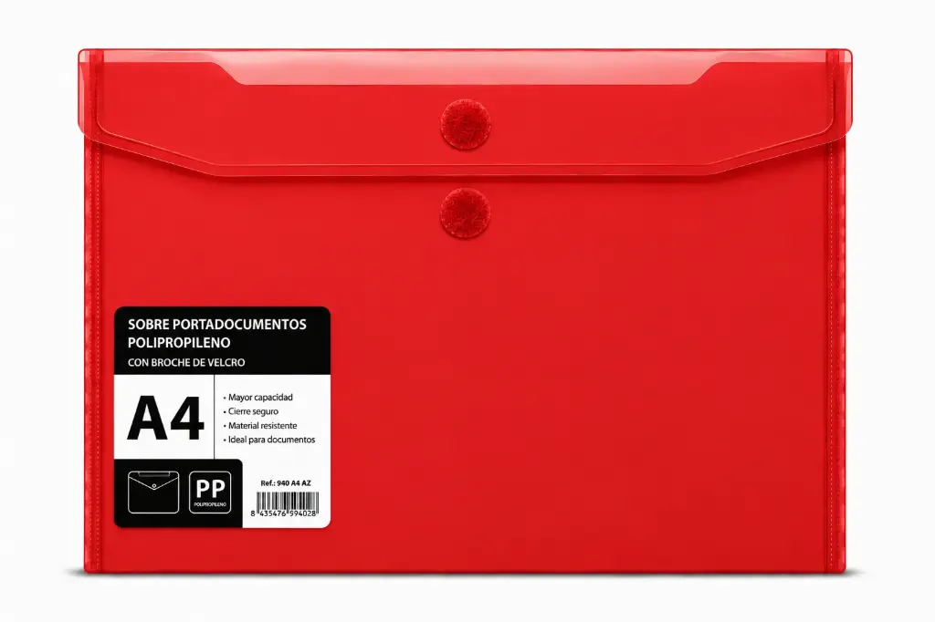 SOBRE PORTADOCUMENTOS POLIPROPILENO CON VELCRO A4 ROJO 