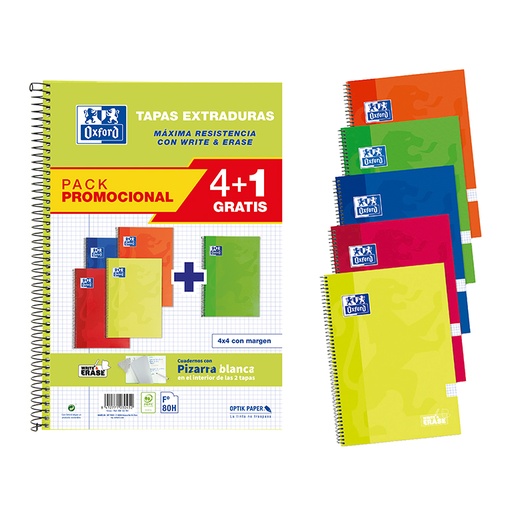 [029138] BLOC OXFORD FOLIO ESPIRAL CUADRÍCULA 4MM 80 HOJAS TAPA EXTRADURA PACK 4+1
