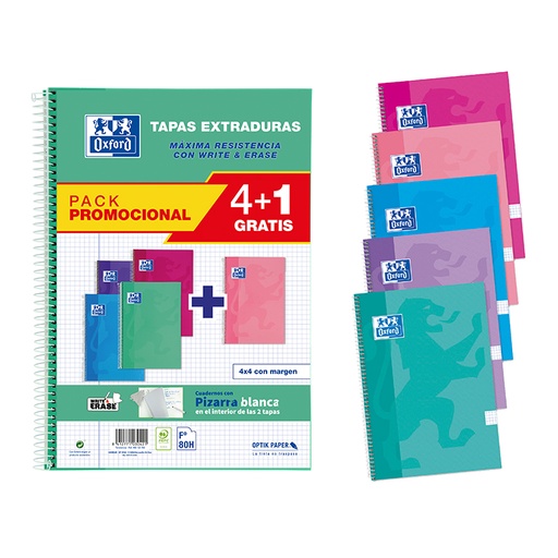 [002343] BLOC OXFORD FOLIO ESPIRAL CUADRÍCULA 4 MM 80 HOJAS TAPA EXTRADURA PACK 4+1