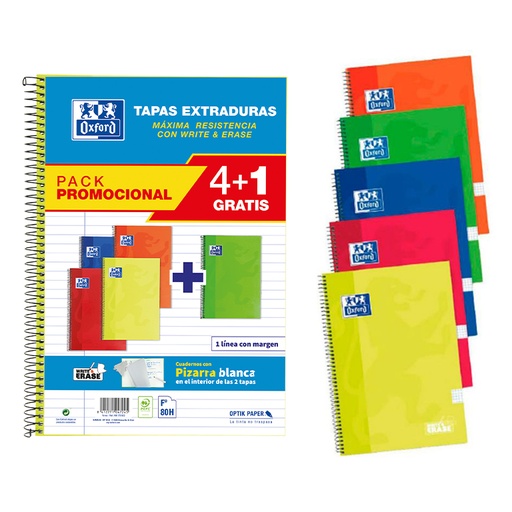[002772] BLOC OXFORD FOLIO ESPIRAL HORIZONTAL 80 HOJAS TAPA EXTRADURA PACK 4+1