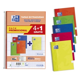 BLOC OXFORD FOLIO ESPIRAL MILIMETRADO 80 HOJAS TAPA EXTRADURA PACK 4+1