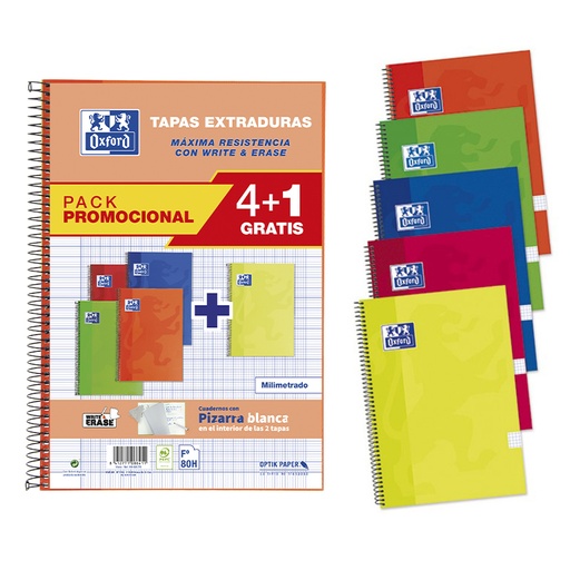 [029139] BLOC OXFORD FOLIO ESPIRAL MILIMETRADO 80 HOJAS TAPA EXTRADURA PACK 4+1