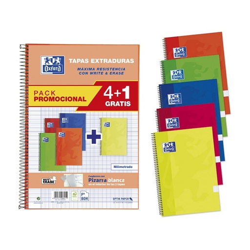 [029139] BLOC OXFORD FOLIO ESPIRAL MILIMETRADO 80 HOJAS TAPA EXTRADURA PACK 4+1