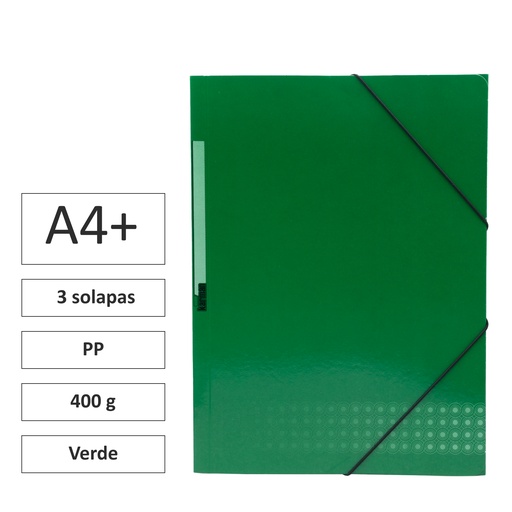 [180577] CARPETA A4+ CON GOMAS Y 3 SOLAPAS CARTÓN 400 G VERDE 