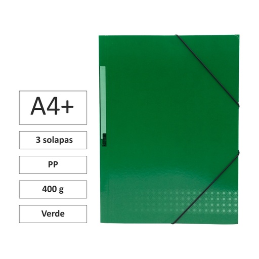 [180577] CARPETA A4+ CON GOMAS Y 3 SOLAPAS CARTÓN 400 G VERDE 