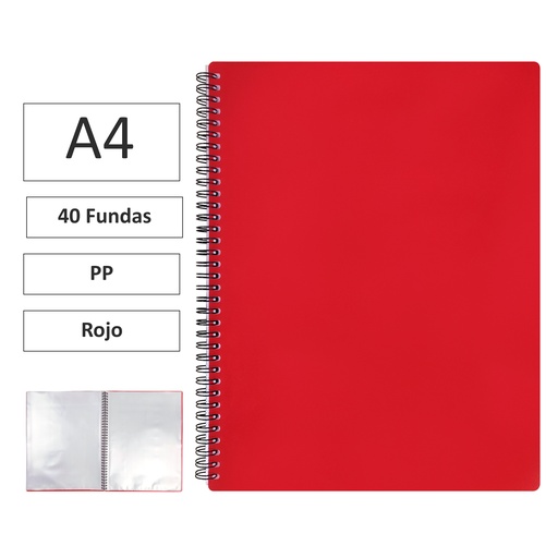 [180628] CARPETA ESPIRAL MAXIPLAS A4 40 FUNDAS Y GOMAS ROJO