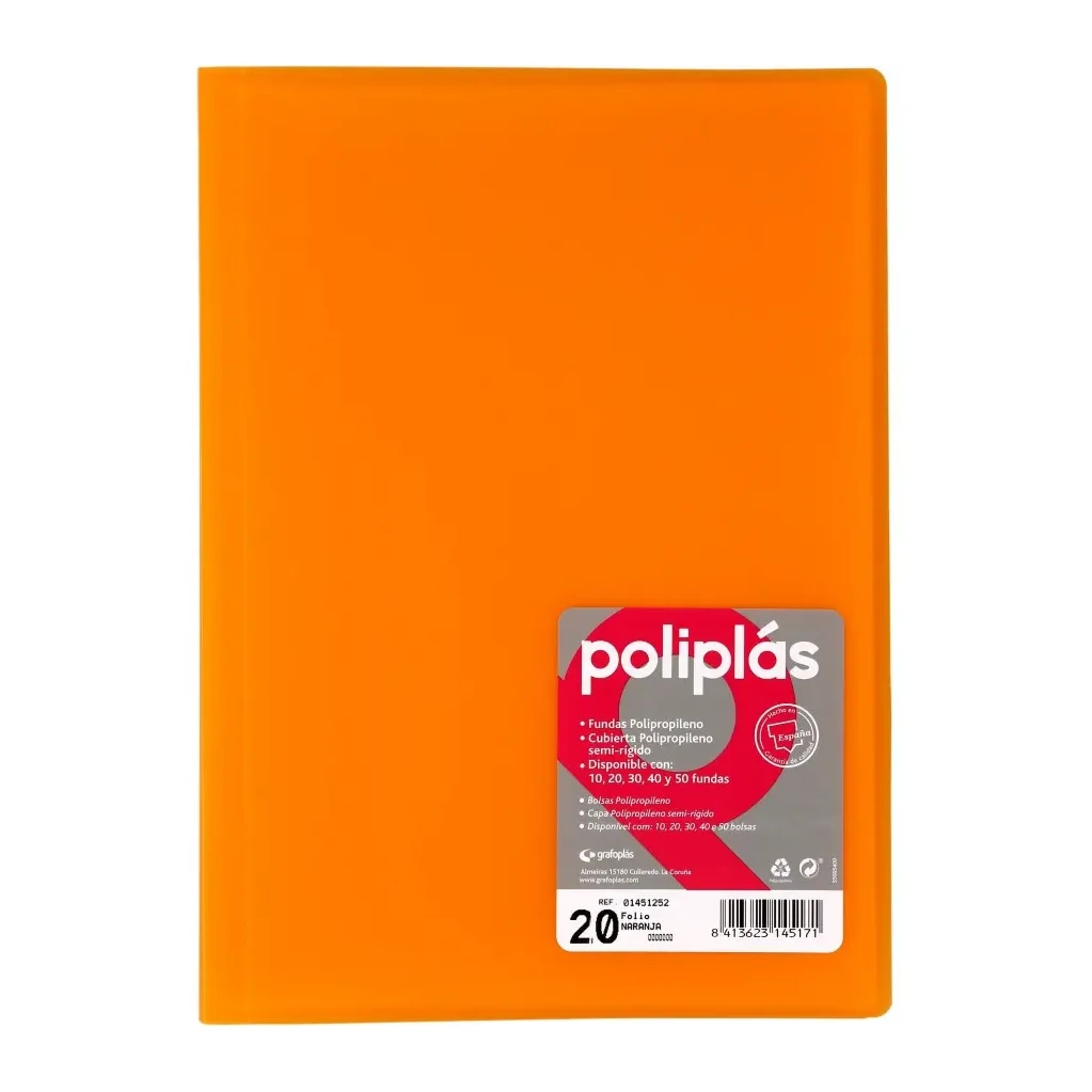 [180654] CARPETA POLIPLAS CON FUNDAS DIN A4 20 FUNDAS PP SOLDADAS AL LOMO NARANJA
