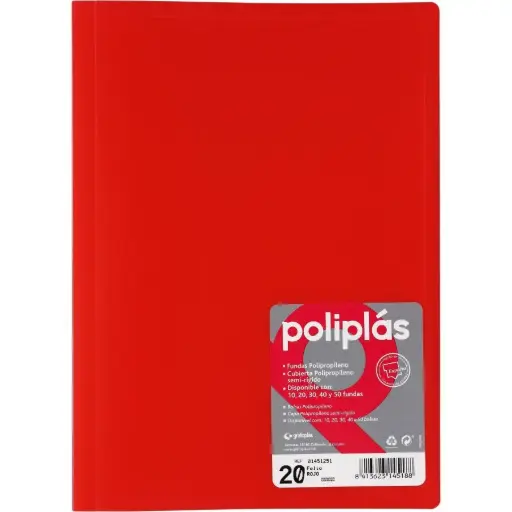 [180653] CARPETA POLIPLAS CON FUNDAS DIN A4 20 FUNDAS PP SOLDADAS AL LOMO ROJO