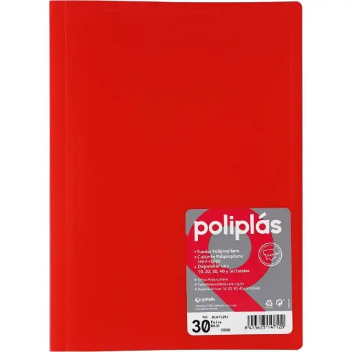 [180657] CARPETA POLIPLAS CON FUNDAS DIN A4 30 FUNDAS PP SOLDADAS AL LOMO ROJO