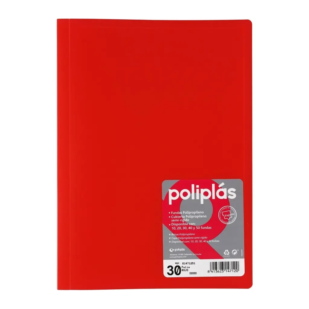 [180657] CARPETA POLIPLAS CON FUNDAS DIN A4 30 FUNDAS PP SOLDADAS AL LOMO ROJO