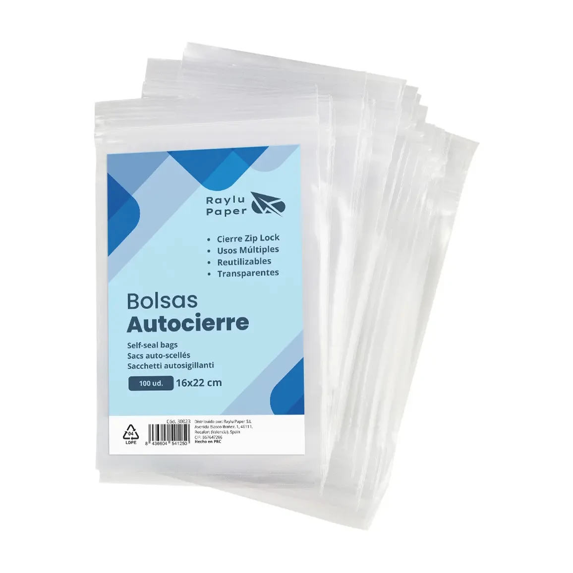 [30023] BOLSAS AUTOCIERRE RAYLU 16 × 22 CM TRANSPARENTES PACK 100 UDS
