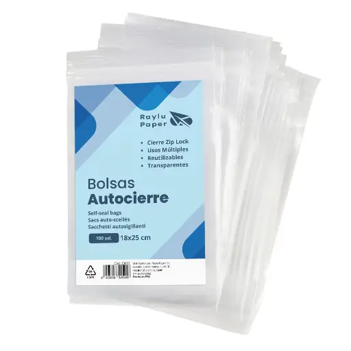 [30033] BOLSAS AUTOCIERRE RAYLU 18 × 25 CM · TRANSPARENTES · PACK 100 UDS