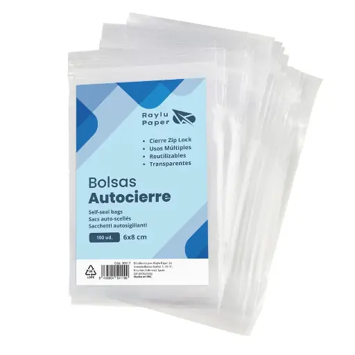 [30017] BOLSAS AUTOCIERRE RAYLU 6 × 8 CM TRANSPARENTES PACK 100 UDS