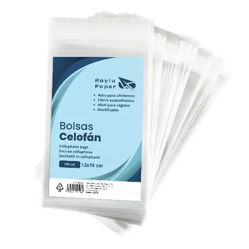 [30014] BOLSAS DE CELOFÁN TRANSPARENTE RAYLU PAPER 12 × 18 CM PACK 100 UDS 