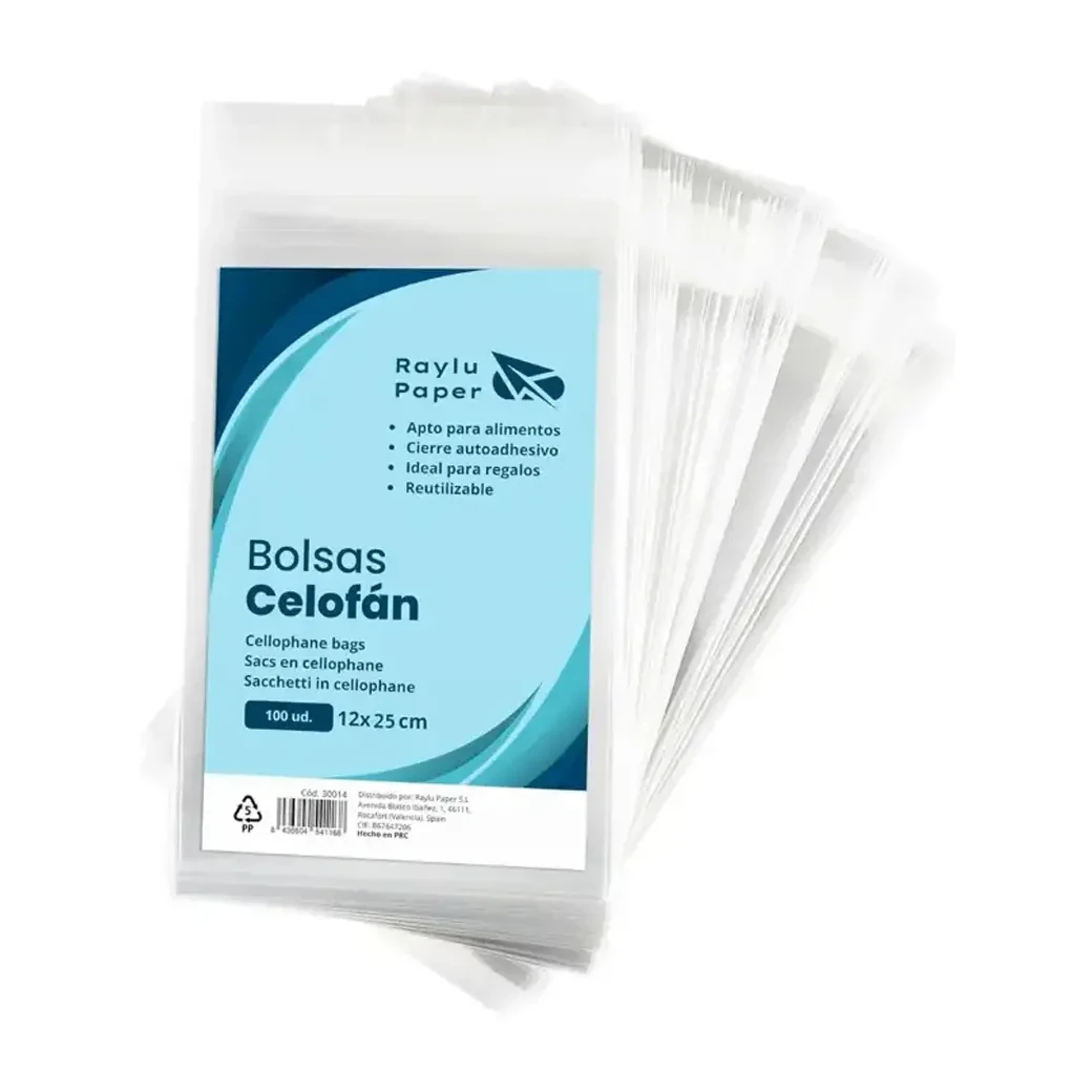 [825850] BOLSAS DE CELOFÁN TRANSPARENTE RAYLU PAPER 12 × 25 CM PACK 100 UDS 
