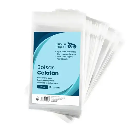 [825850] BOLSAS DE CELOFÁN TRANSPARENTE RAYLU PAPER 12 × 25 CM PACK 100 UDS 