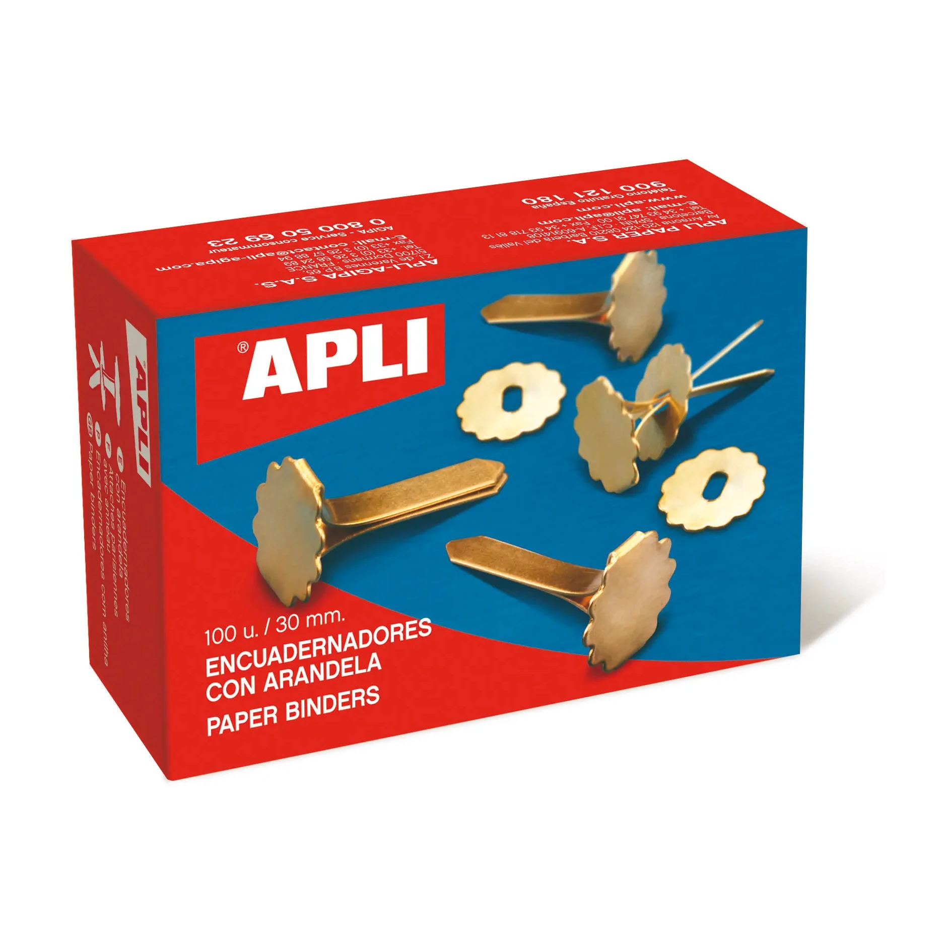 [826281] ENCUADERNADORES METÁLICOS CON ARANDELA 18MM COLOR ORO CAJA 100 UDS