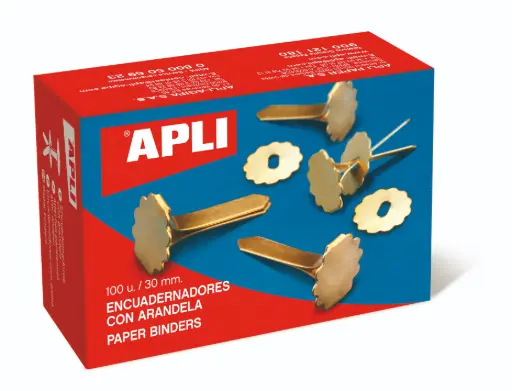 [826281] ENCUADERNADORES METÁLICOS CON ARANDELA 18MM COLOR ORO CAJA 100 UDS