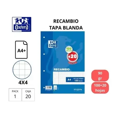 [827110] RECAMBIO A4 OXFORD 4 TALADROS PAUTA 3.5. 90 GRAMOS 100 HOJAS 
