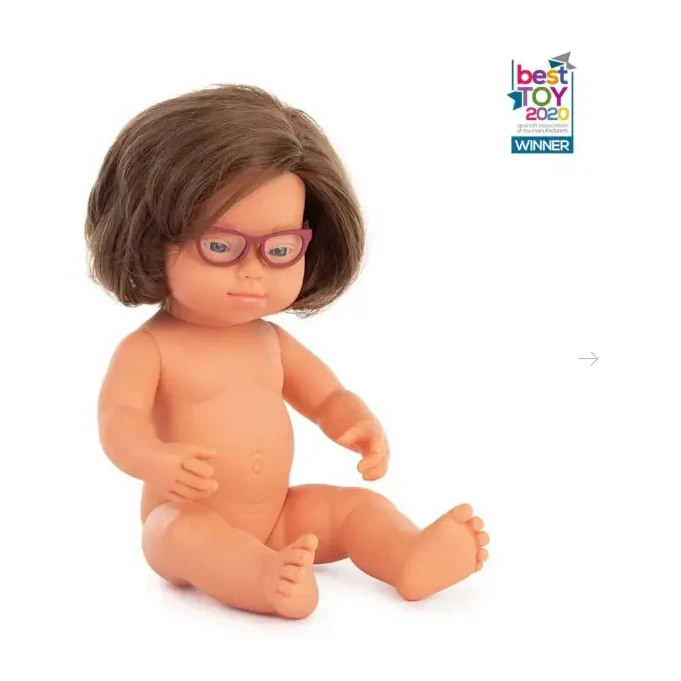 [200464] MUÑECO BABY CAUCASICO SINDROME DOWN CON GAFAS 38CM