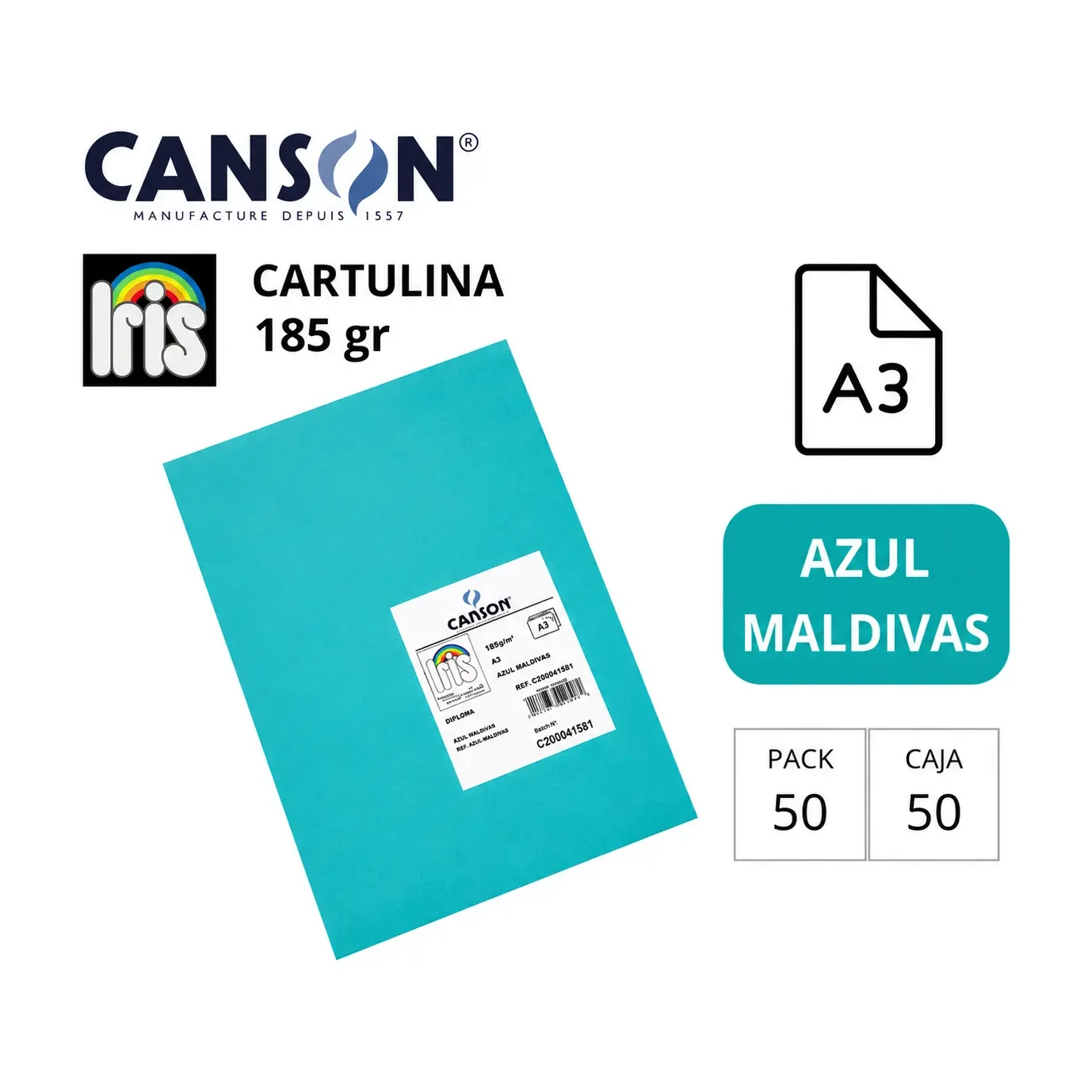 [800585] CARTULINA CANSON IRIS A3 AZUL MALDIVAS