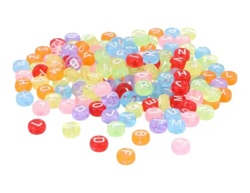 [800650] CUENTAS DE PLASTICO LETRAS Y ABECEDARIO FOSFORESCENTE  7MM.1200UD 