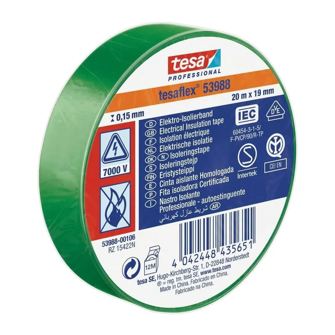 [053988] CINTA AISLANTE TESA PROFESSIONAL VERDE 19MM×20M 150 µm 