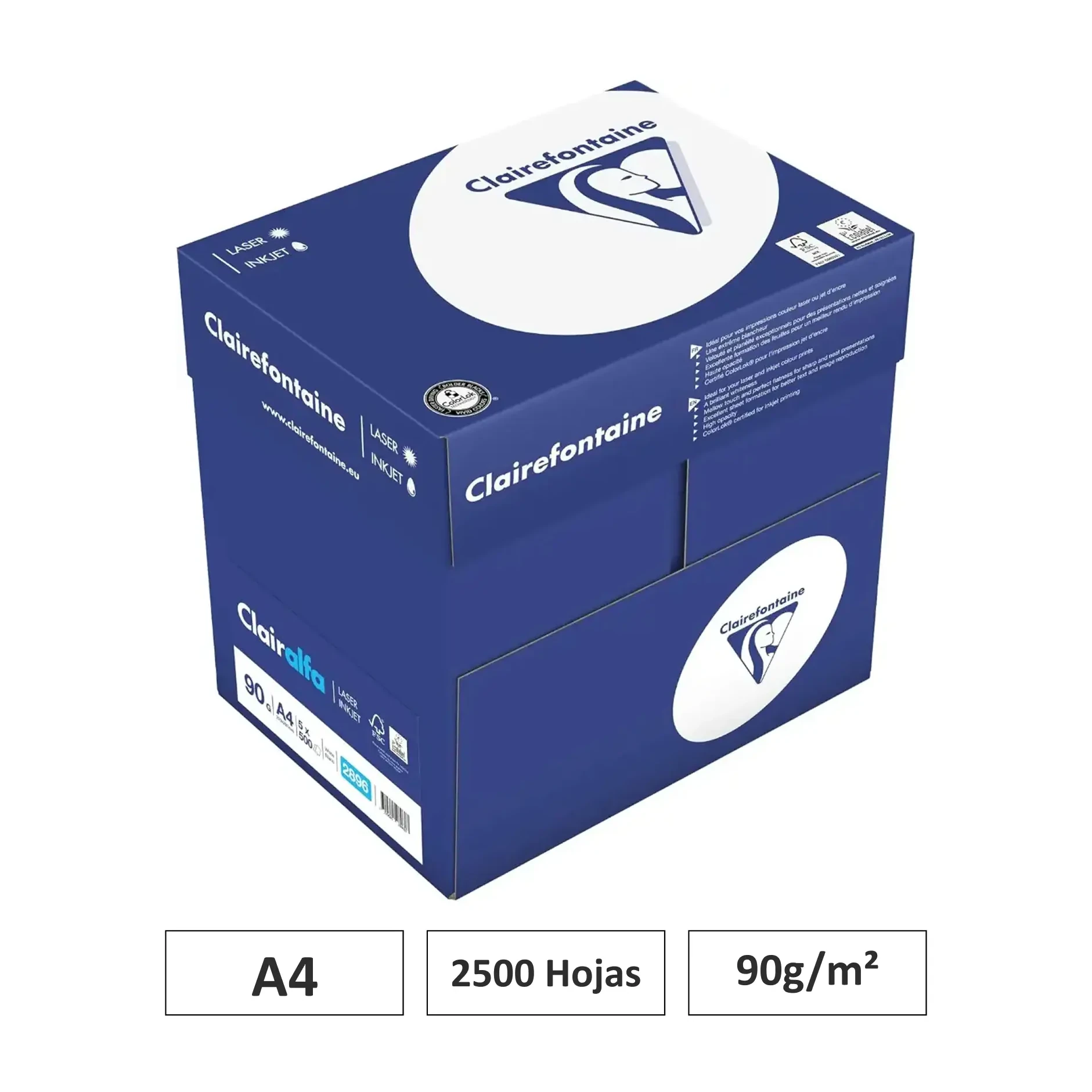 [541690] PAPEL A4 90GR BLANCO CAJA 5 PAQUETES 500 HOJAS CLAIREFONTAINE