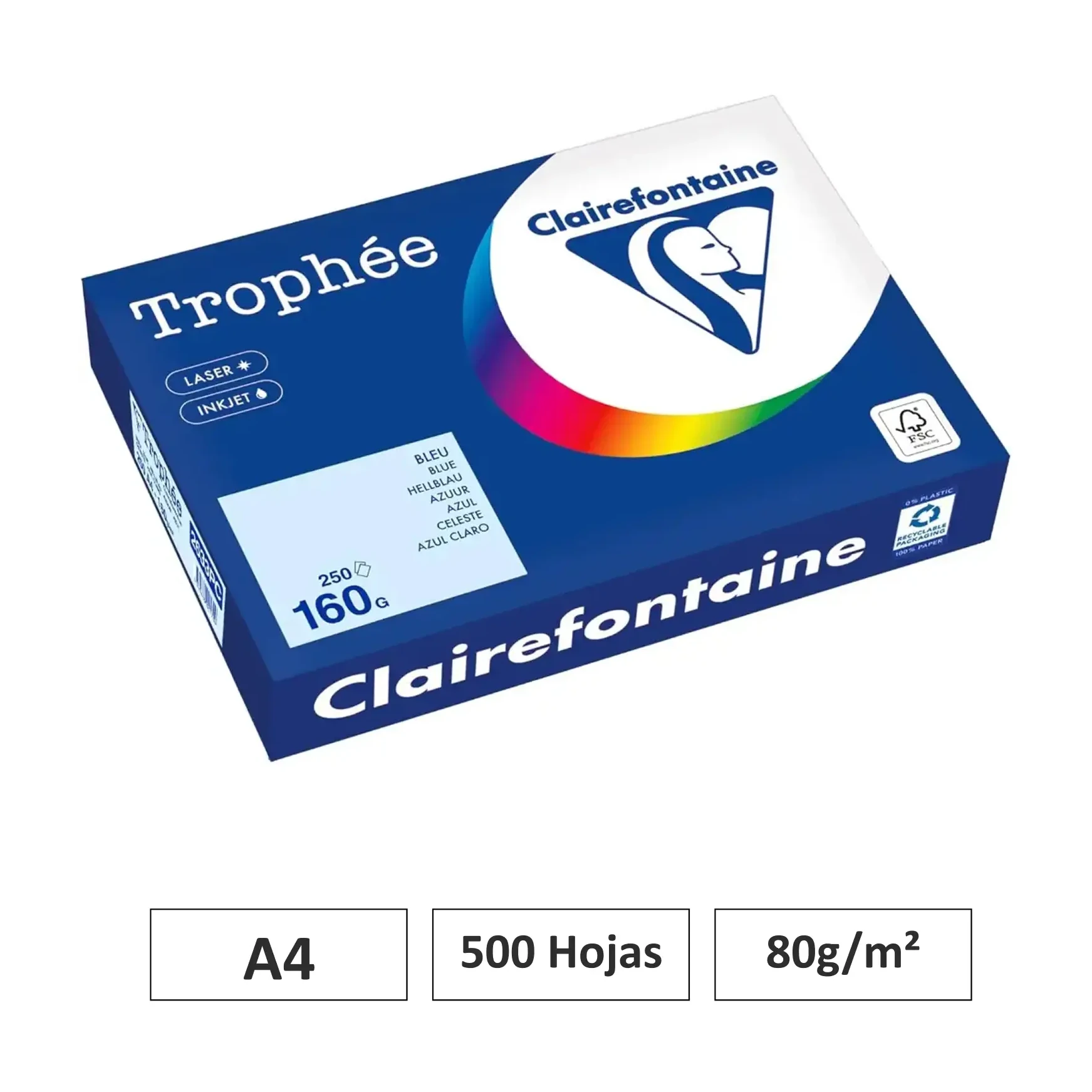 [541742] PAPEL AZUL PASTEL A4 500 HOJAS 80G CLAIREFONTAINE