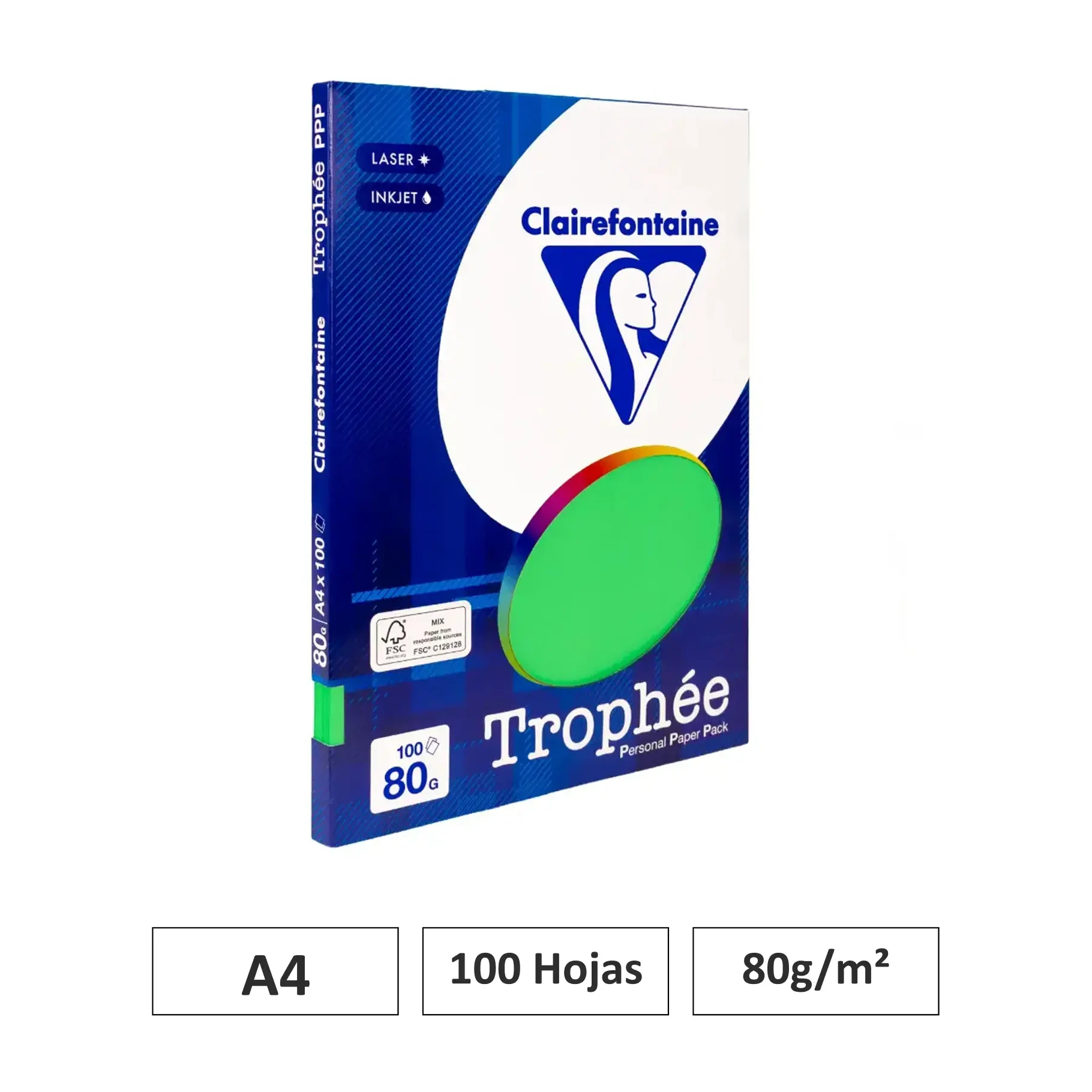 [541802] PAPEL A4 80GR VERDE MENTA 100 HOJAS CLAIREFONTAINE