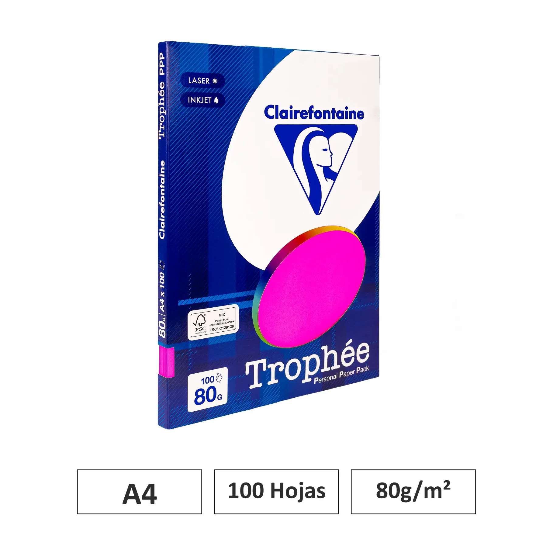 [541813] PAPEL A4 80GR ROSA FLUOR 100 HOJAS CLAIREFONTAINE