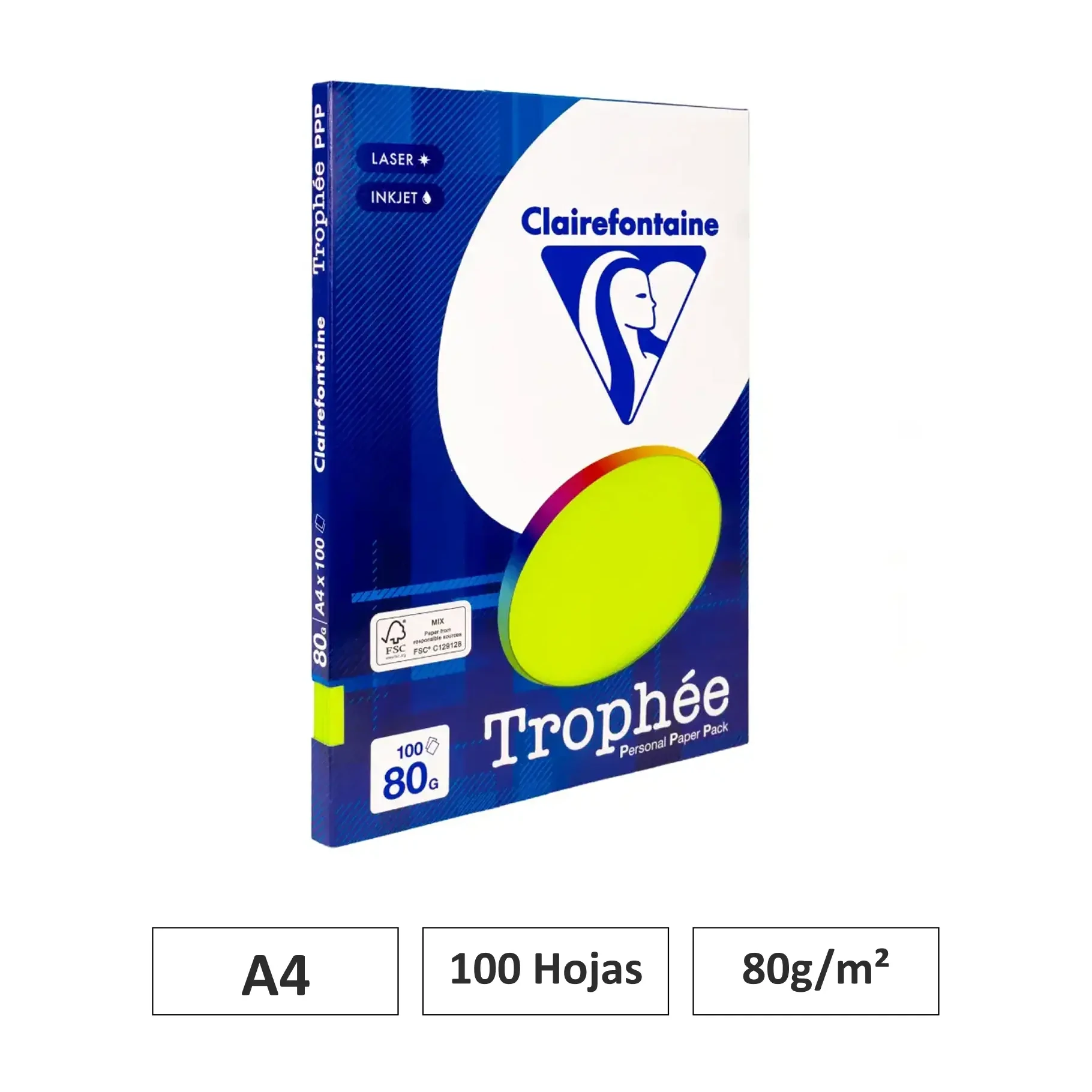 [541815] PAPEL A4 80GR VERDE FLUOR 100 HOJAS CLAIREFONTAINE