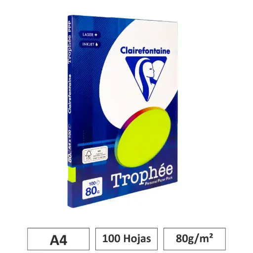 [541815] PAPEL A4 80GR VERDE FLUOR 100 HOJAS CLAIREFONTAINE
