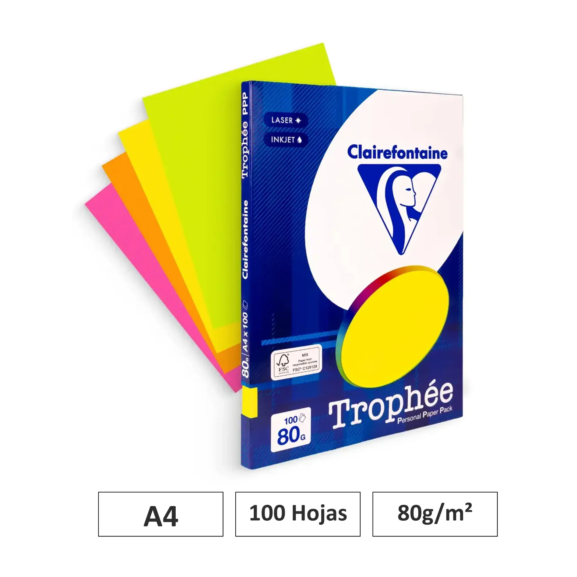 [541817] PAPEL A4 80GR SURTIDO FLUOR 100 HOJAS CLAIREFONTAINE