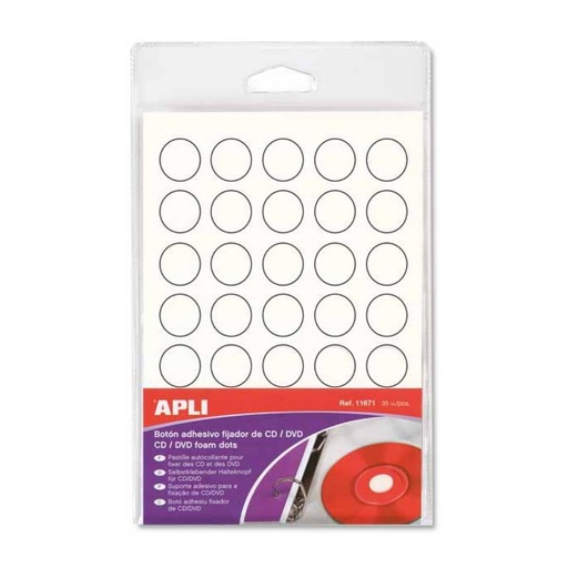 [900801] BOTONES ADHESIVOS FIJADOR CD/DVD APLI 11671 (BLANCO, Ø 15 MM, 35 UDS)