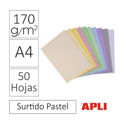 [650306] CARTULINA A4 170GRMS 50HJS SURTIDO PASTEL APLI