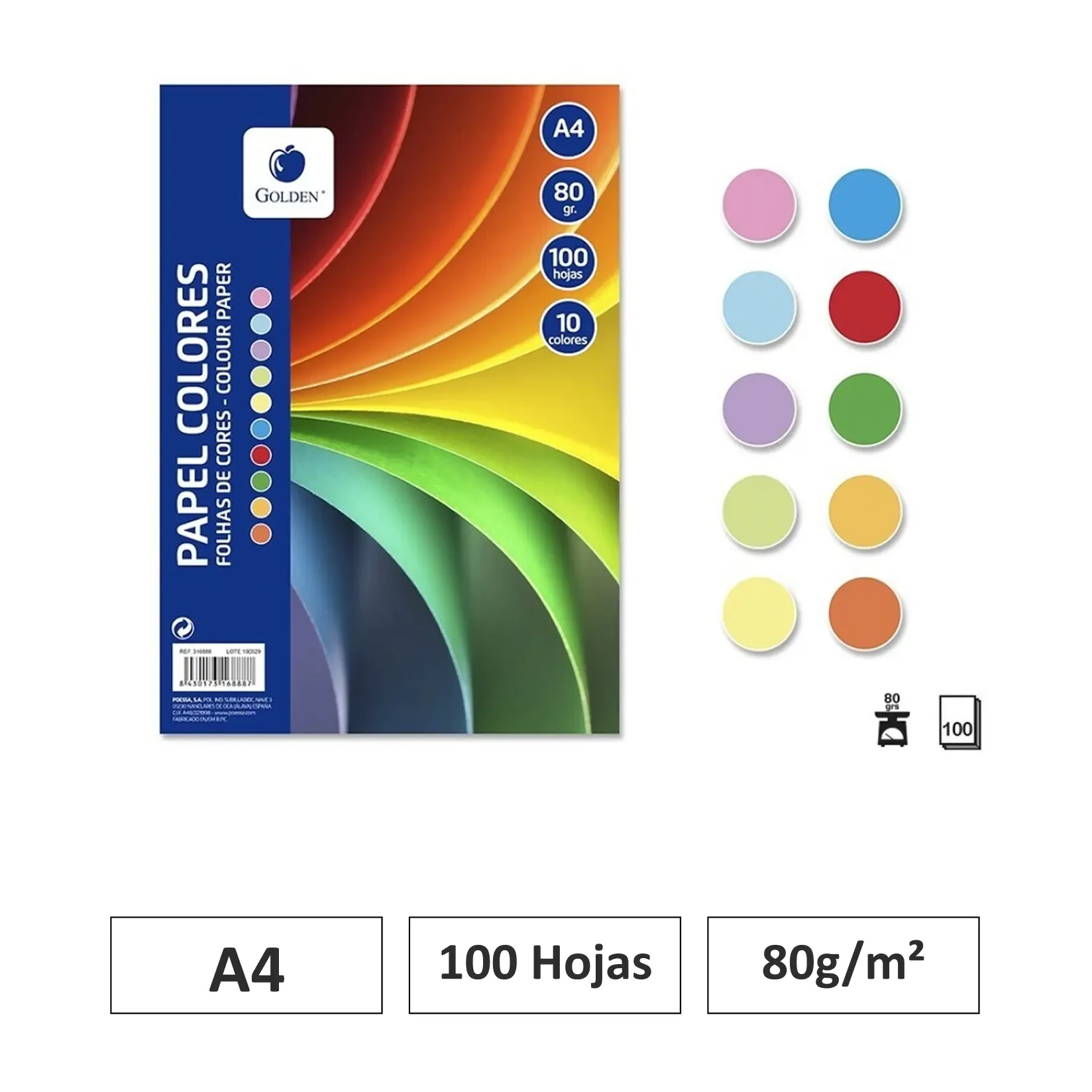 [001001] PAPEL A4 80G GOLDEN 100 HOJAS COLORES SURTIDOS 