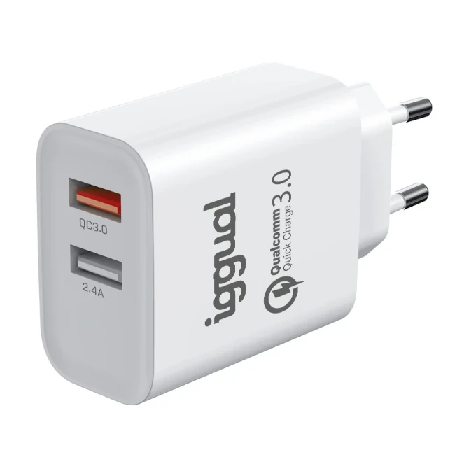 [800154] IGGUAL CARGADOR DOBLE 2XUSB CARGA RÁPIDA QC3.0 30W